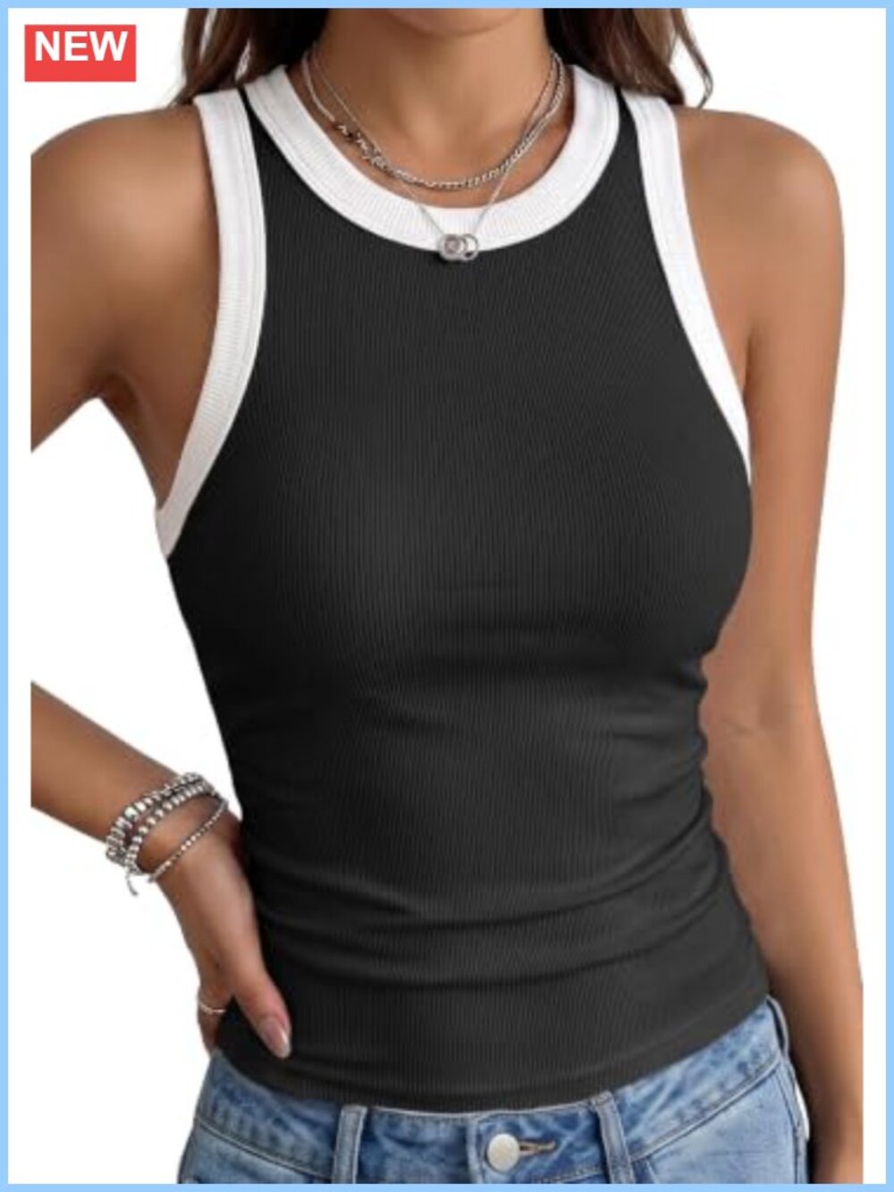 Womens Sleeveless Ribbed Knit Tank Top Crewneck Fitted Casual Summer Basic